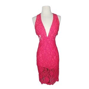 X By NBD Floral Lace Mini Dress Womens 0 Red Deep V  Halter Date Night Romantic
